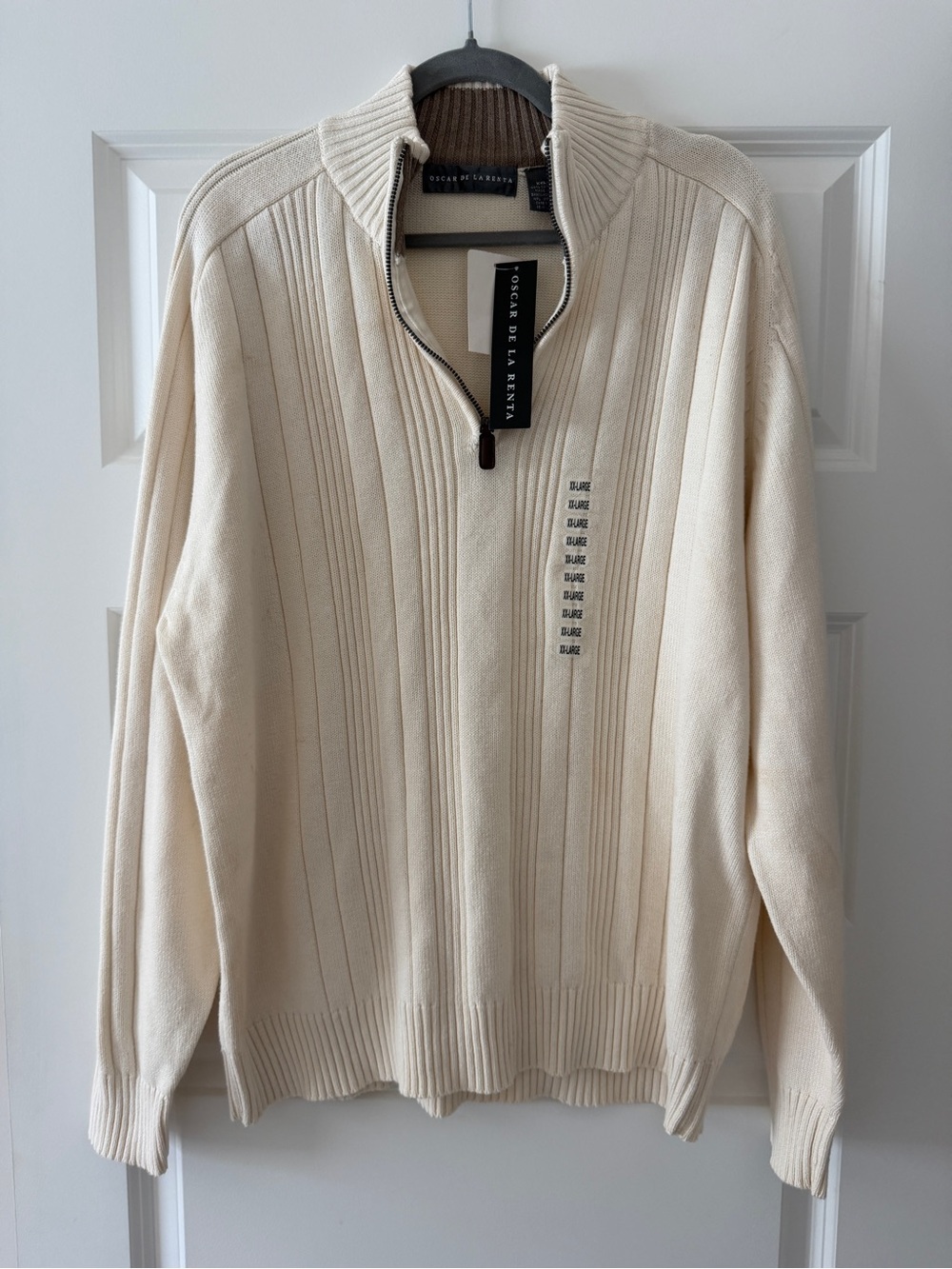 Oscar de la Renta Cream Half-Zip Ribbed Knit Sweater